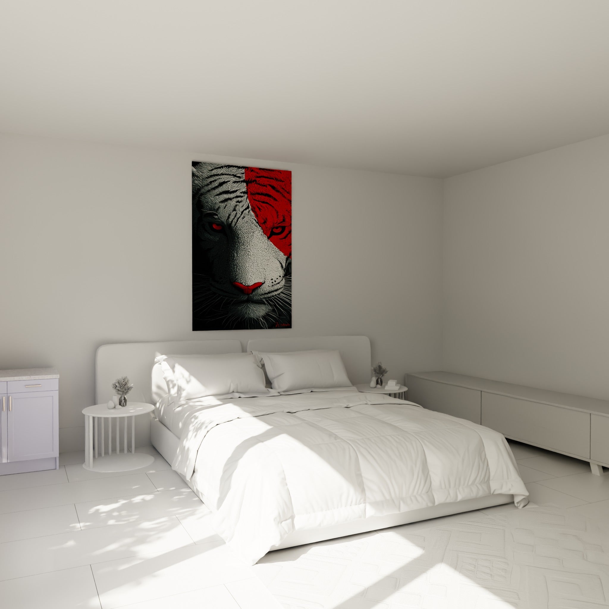 Portrait de tigre bicolore rouge et gris au-dessus d'un lit dans une chambre claire et lumineuse