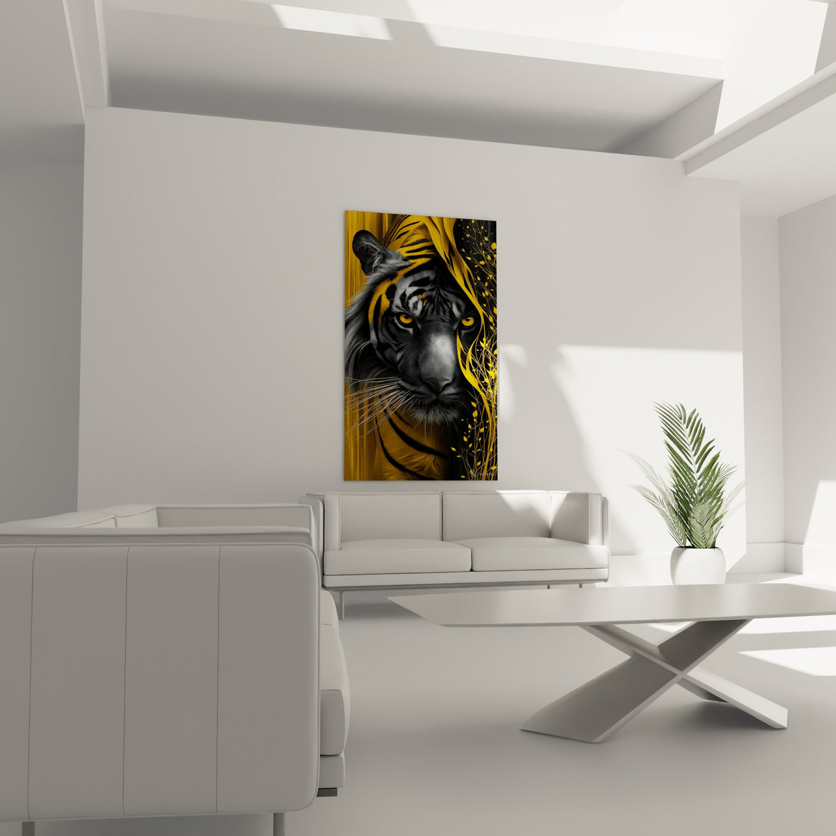 Tigre fauve et anthracite dévoilant son regard intense, au-dessus d'un canapé dans un salon lumineux