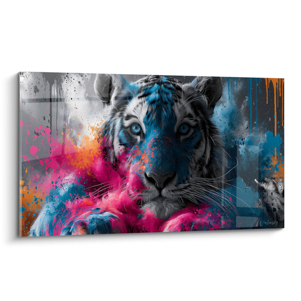 Tableau Tigre rose et bleu éclaboussé de peinture - Explosion chromatique féline - Edition Tigre