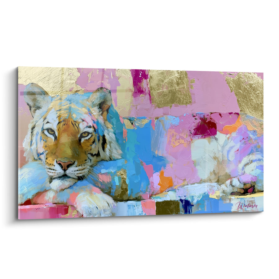 Tableau Tigre allongé rose et doré - Repos félin coloré - Edition Tigre