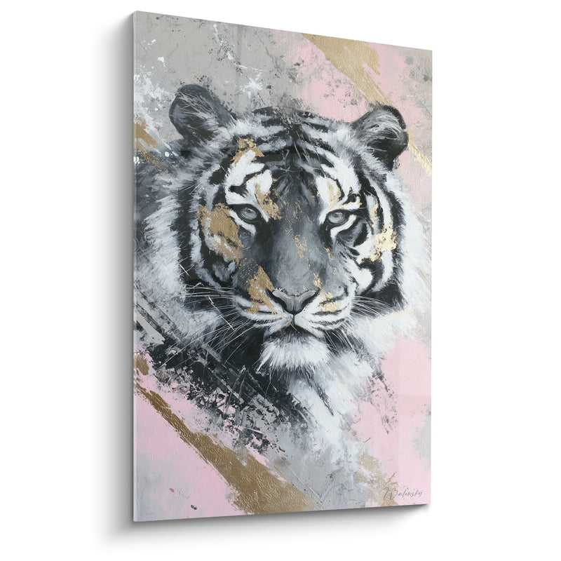 Tiger Gemälde in Rosa- und Goldtönen im modernen künstlerischen Stil – Sanfte Majestät – Tiger Edition
