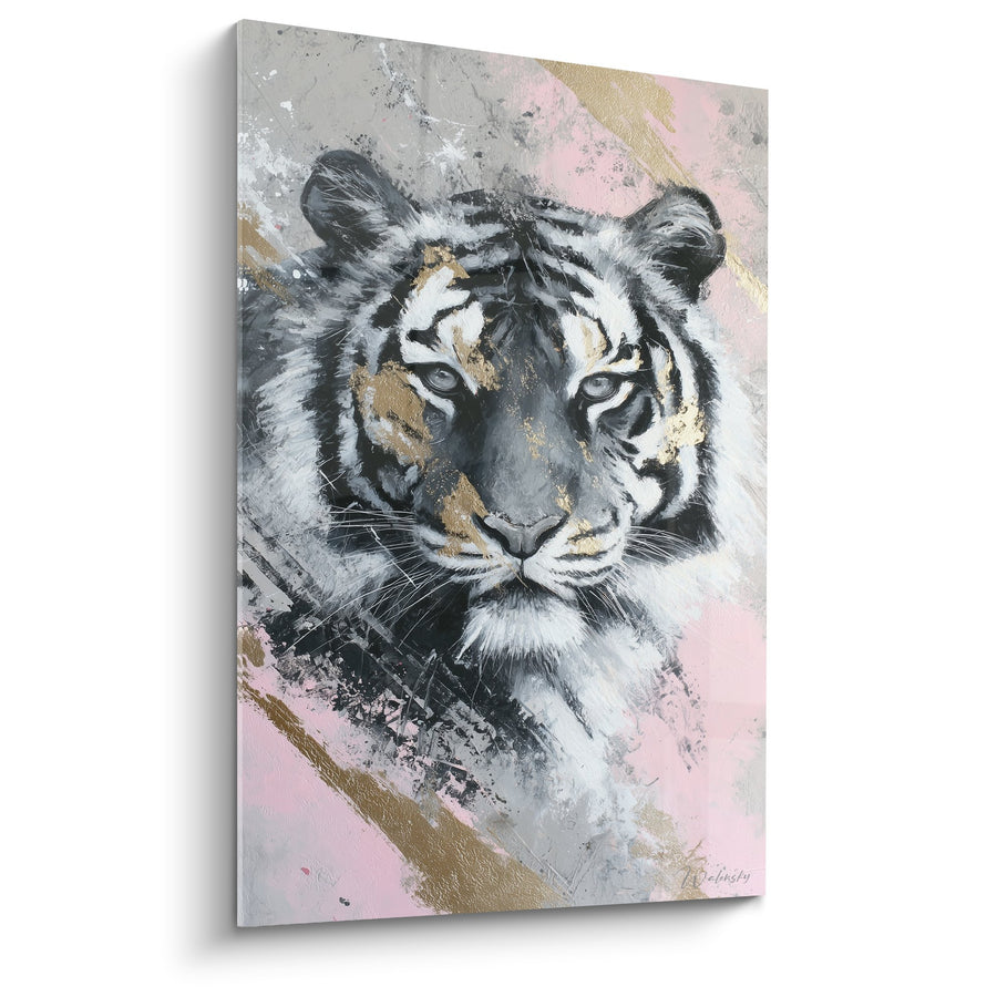 Tableau Tigre aux tons roses et dorés dans un style artistique moderne - Majesté Pastel - Edition Tigre