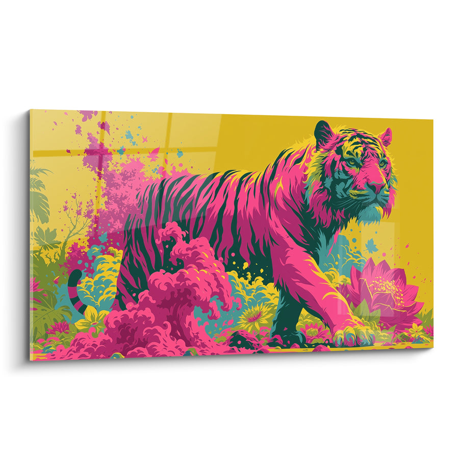 Tableau Tigre rose et jaune parmi les fleurs - Éruption florale - Edition Tigre