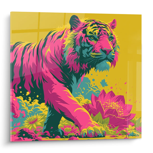 Tableau Tigre rose et jaune parmi les lotus - Marche fauve éclatante - Edition Tigre