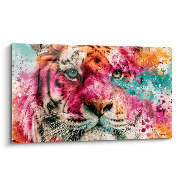 Tableau Tigre visage rose et turquoise éclaboussé - Regard éclaté - Edition Tigre