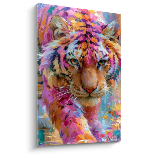 Tableau Tigre rose et orangé aux empâtements vifs - Regard félin envoûtant - Edition Tigre