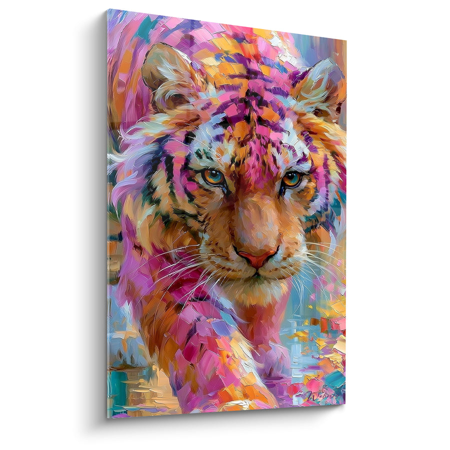 Tableau Tigre rose et orangé aux empâtements vifs - Regard félin envoûtant - Edition Tigre