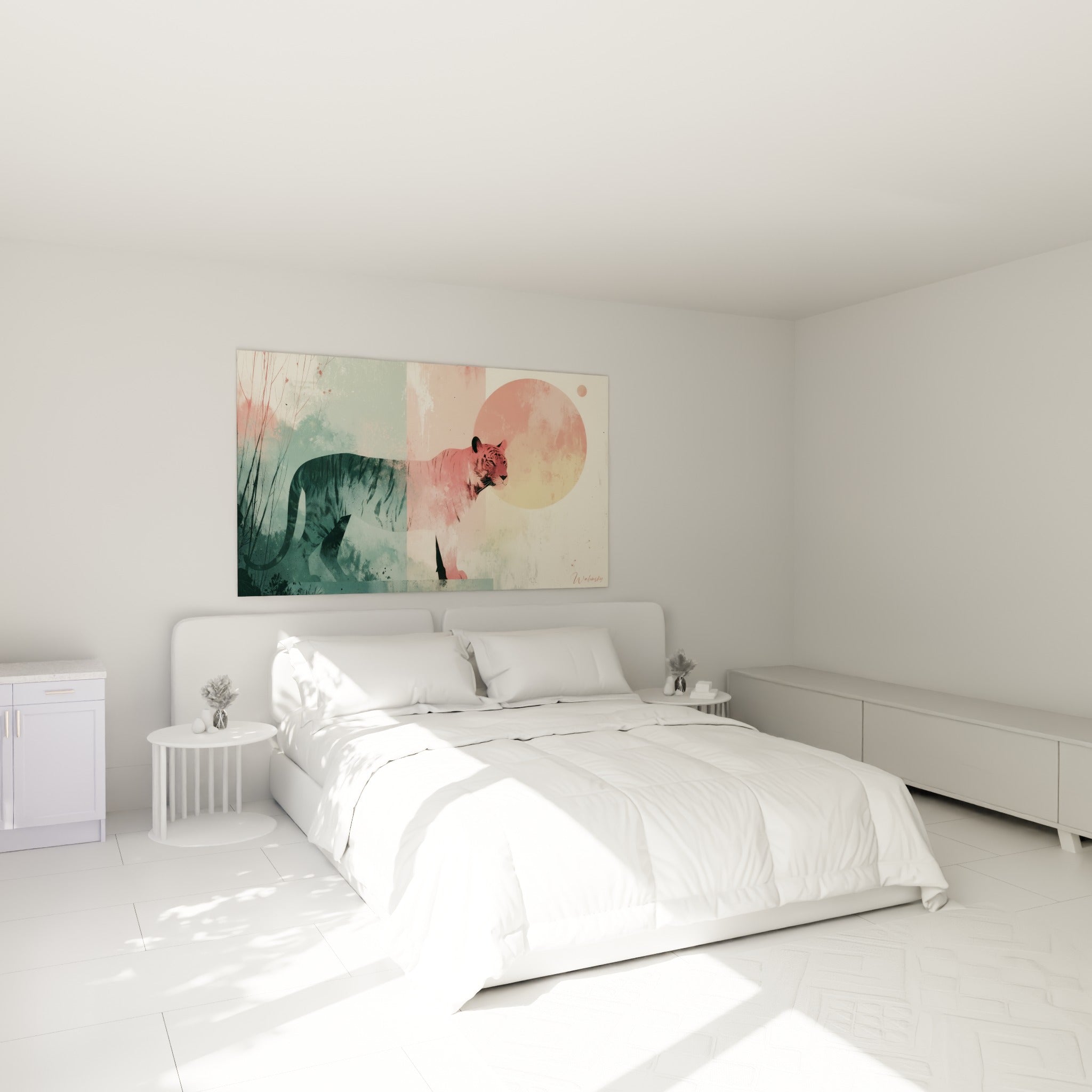 Silhouette de tigre corail et vert d'eau, posture en marche, au-dessus d'un lit dans une chambre claire
