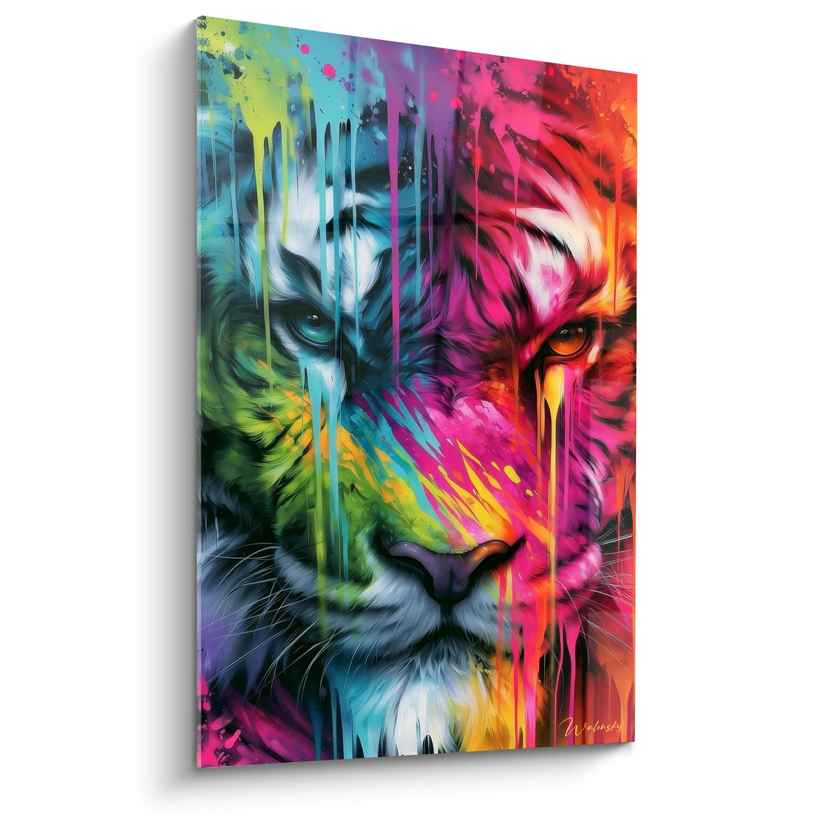Tigre au regard perçant recouvert de coulures roses, turquoise et orange vibrantes
