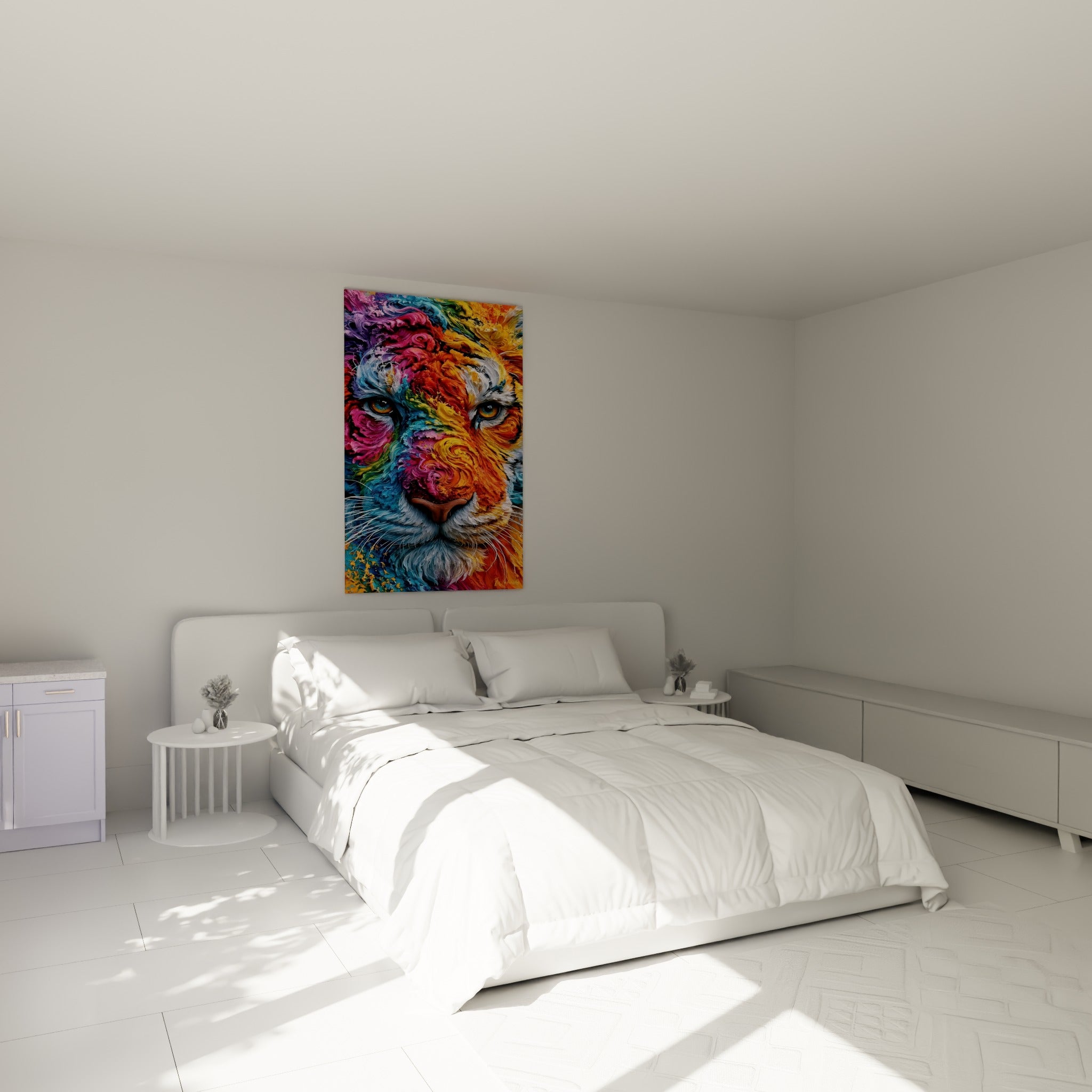 Yeux ambrés et fourrure rose violette d'un tigre stylisé, au-dessus d'un lit dans une chambre claire