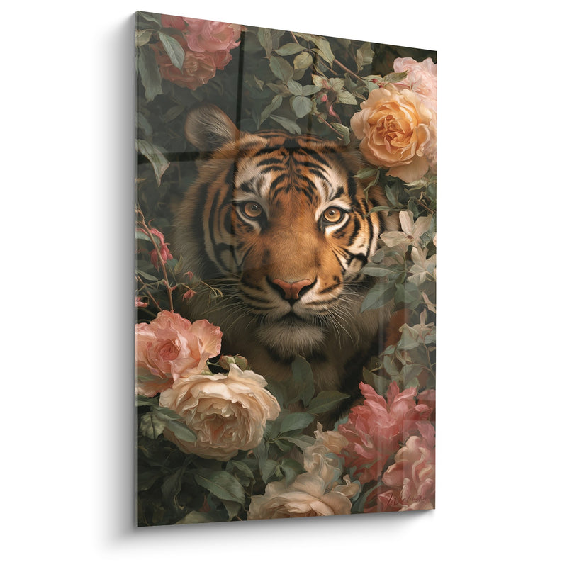 Tableau Tigre parmi des roses pastel - Fauve fleuri - Edition Tigre