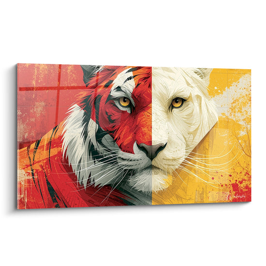 Tigre au visage mi-parti rouge flamboyant et blanc ivoire, regard doré intense, style graphique