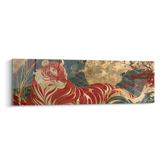 Tigre rouge et doré allongé sous une lune ocre, style estampe japonaise anthracite