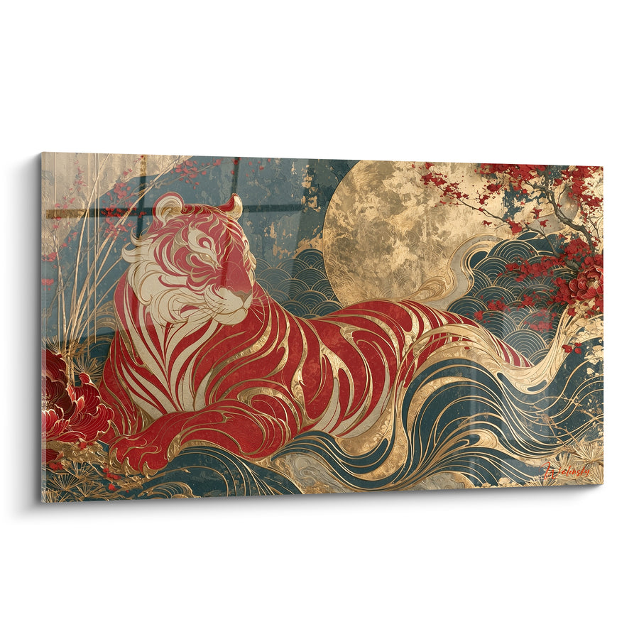 Tableau Tigre rouge et doré sous la pleine lune - Fleurs de prunier rouges - Edition Tigre