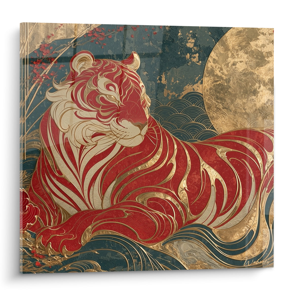 Tigre rouge et doré allongé sous une lune dorée, style japonisant sur fond bleu anthracite