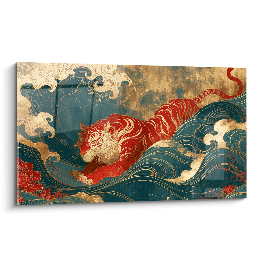 Tableau Tigre rouge et doré sur vagues bleu pétrole - Légende des flots - Edition Tigre