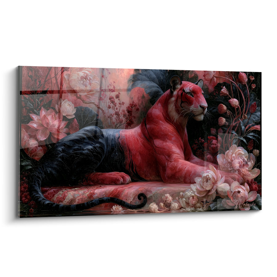 Tableau Tigre allongé rouge et noir parmi les fleurs - Repos flamboyant - Edition Tigre