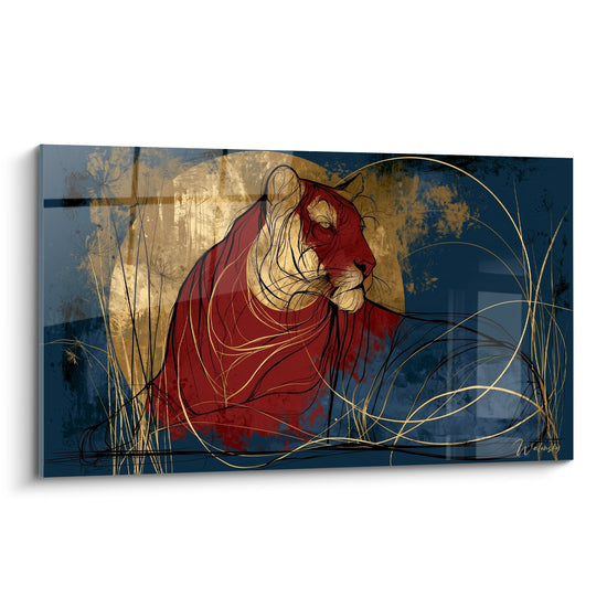 Tigre allongé rouge et doré sous une lune ocre, tracé graphique sur fond bleu marine profond