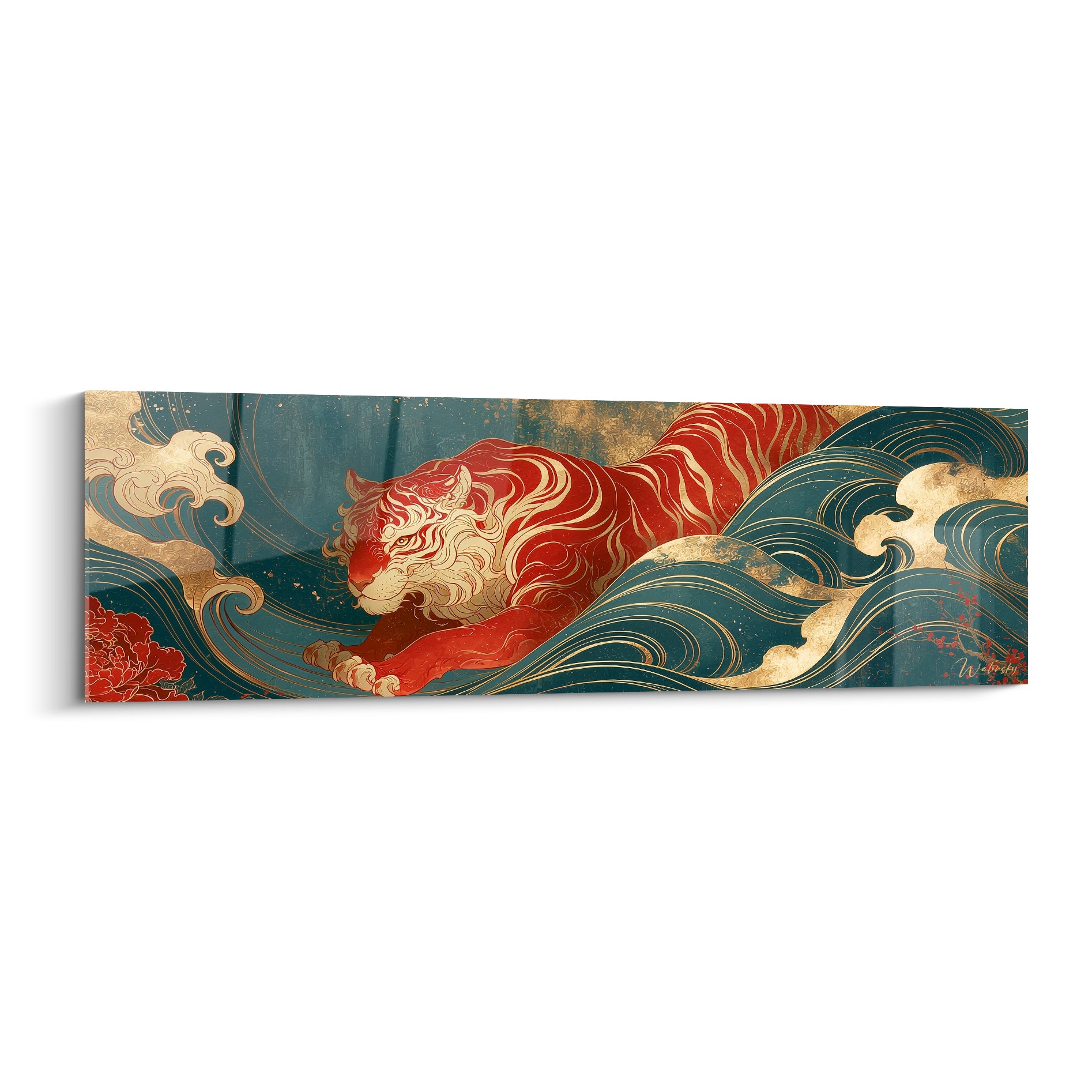 Tigre rouge et blanc bondissant parmi des vagues bleu pétrole et dorées, style estampe japonaise