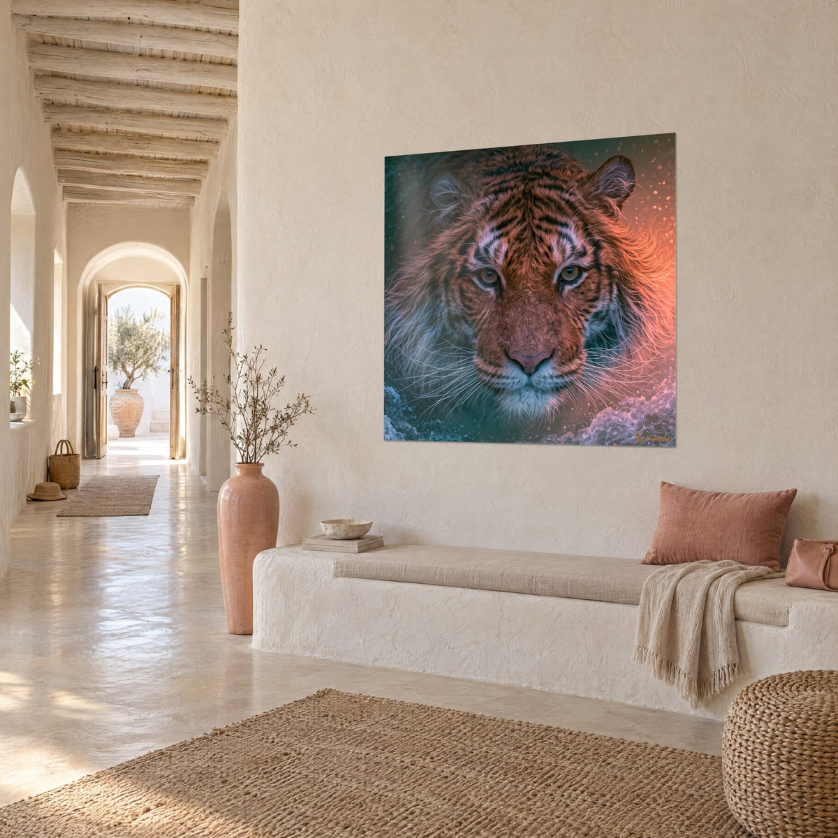 Tableau tigre de face aux yeux dorés, moustaches blanches et halo corail sur fond sarcelle, couloir voûté, vue de trois-quarts