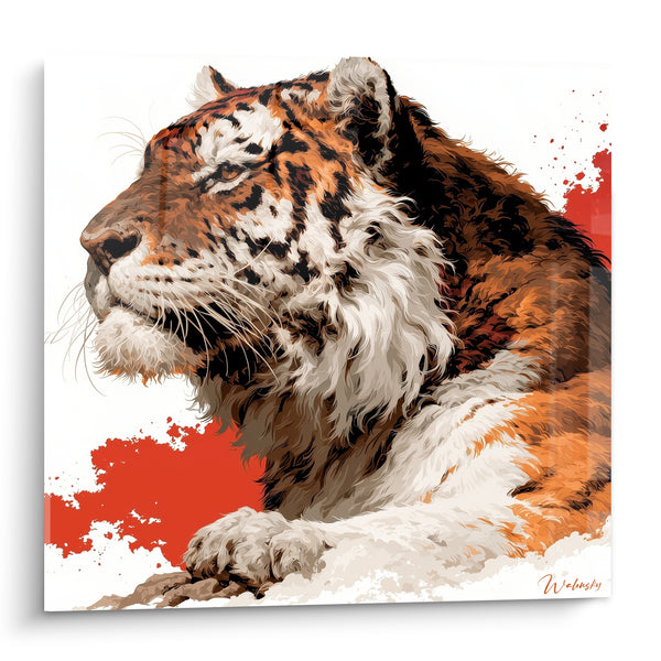 Tableau Tigre roux et blanc éclaboussures rouges - Vigilance féline - Edition Tigre