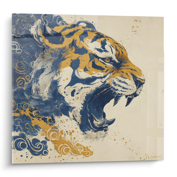 Cuadro Tigre Rugiente Azul Dorado Artístico - Poder Salvaje - Edición Tigre