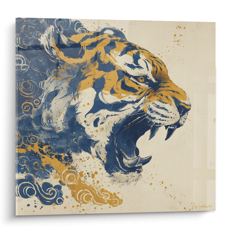 Blue Gold Tiger Roaring Wall Art Artistic - Raw Power - Tiger Edition