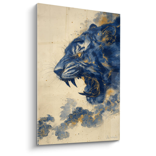 Schilderij Brullende Tijger Blauw en Goud in de Wolken - Hemelse Majesteit - Tijger Editie