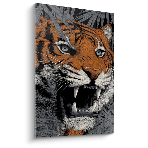 Cuadro Tigre Rugiente Naranja y Negro con Colmillos Prominentes - Poder Salvaje - Edición Tigre