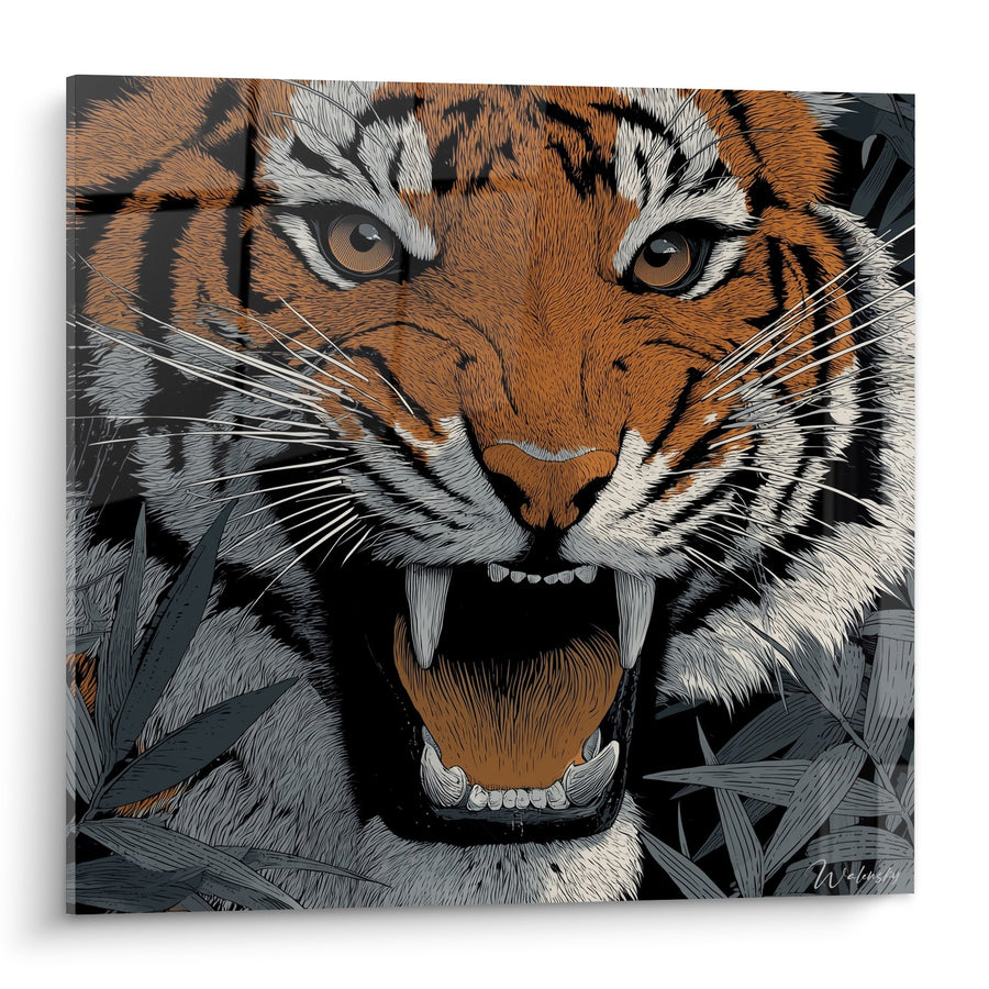Cuadro Tigre Rugiendo Naranja y Negro Selva Gris - Felino Salvaje - Edición Tigre
