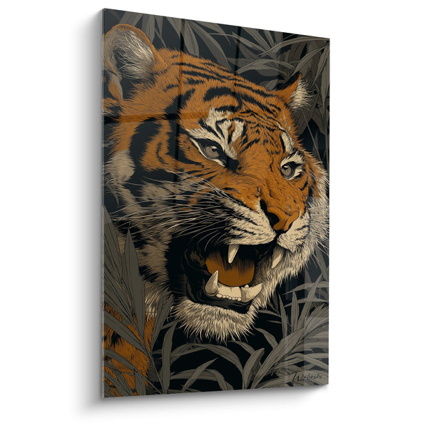Schilderij Brullende Tijger Oranje en Zwart in Tropische Vegetatie - Wilde Kracht - Tijger Editie