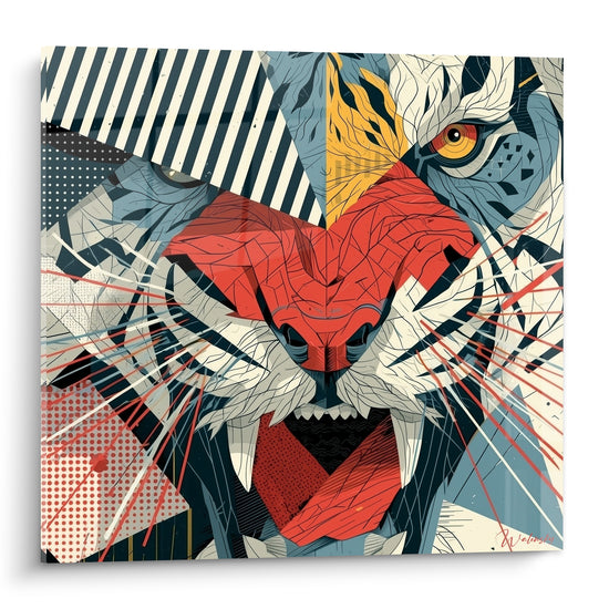 Tigre rugissant en gueule ouverte, fragments rouges et bleu marine, style géométrique éclaté