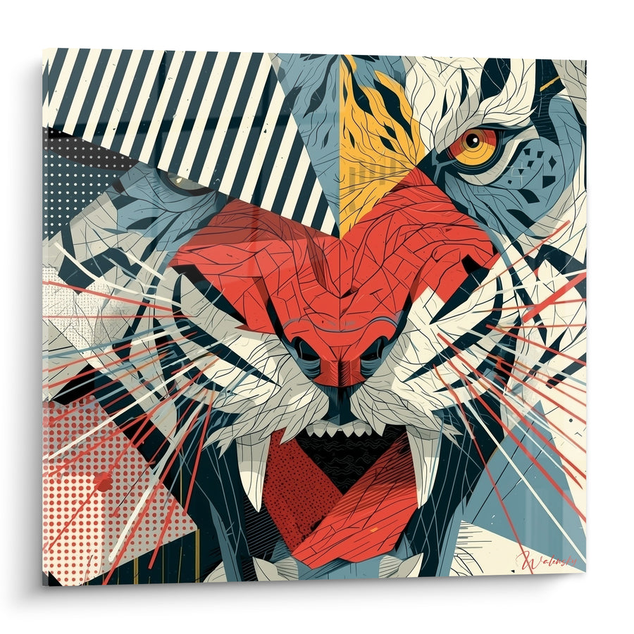 Tableau Tigre rugissant rouge et bleu géométrique - Cri fracturé - Edition Tigre