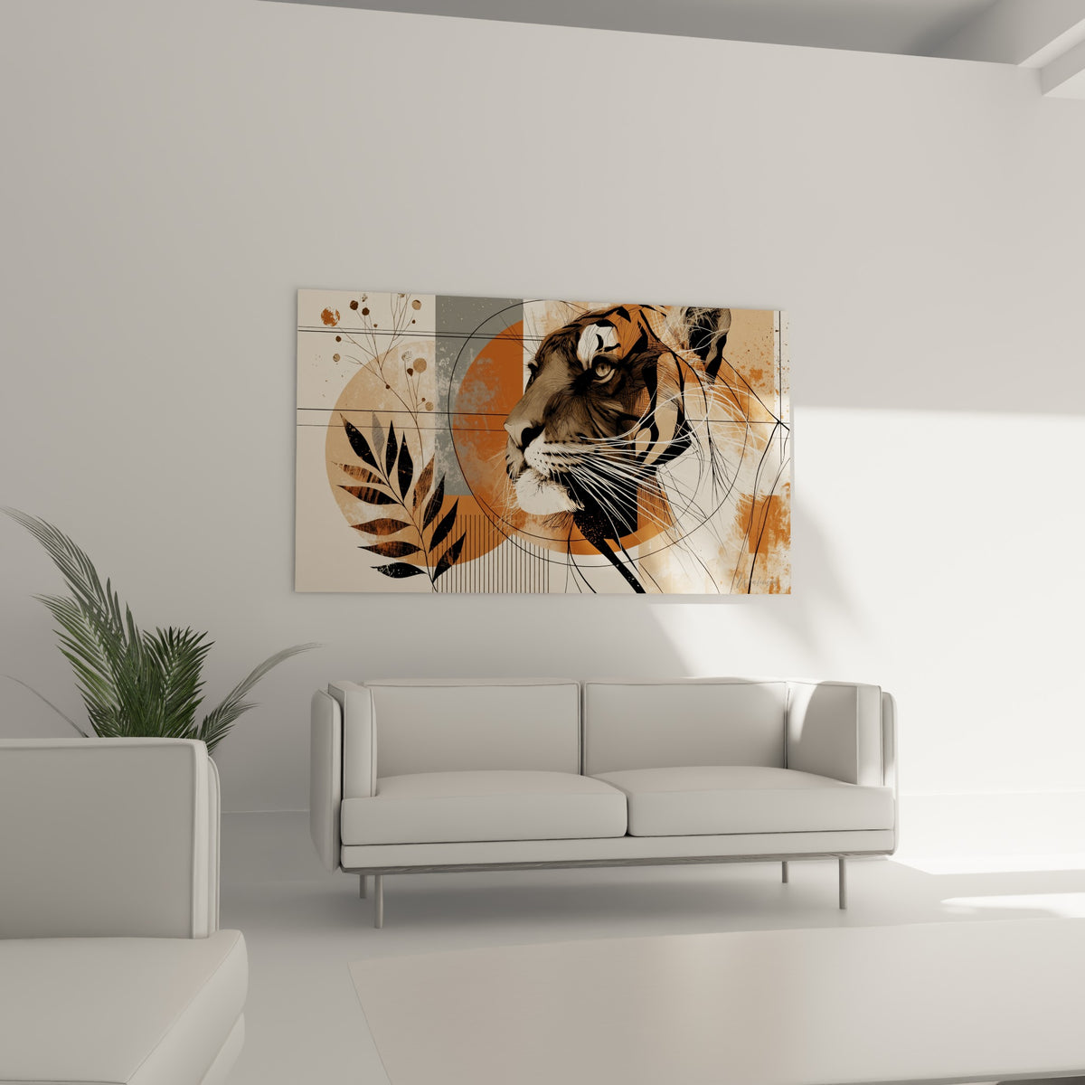 Tigre graphique aux touches noires et terracotta, accroché au-dessus d'un canapé dans un salon lumineux
