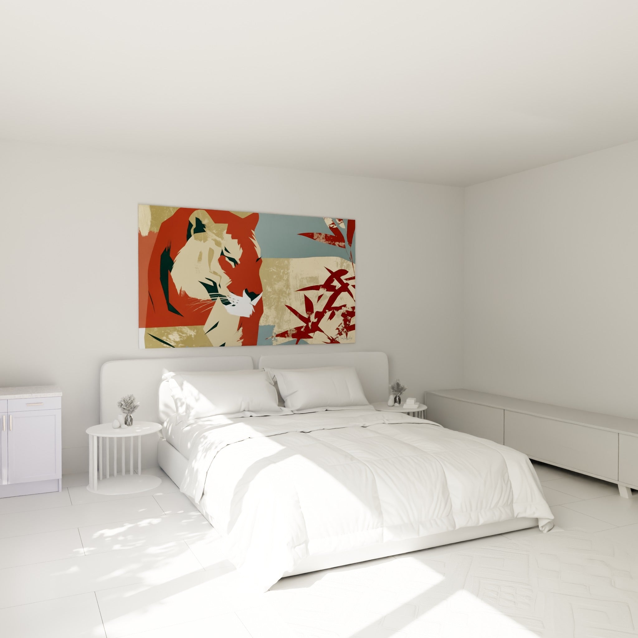 Félin graphique aux teintes terracotta et sable, accroché au-dessus d'un lit dans une chambre claire