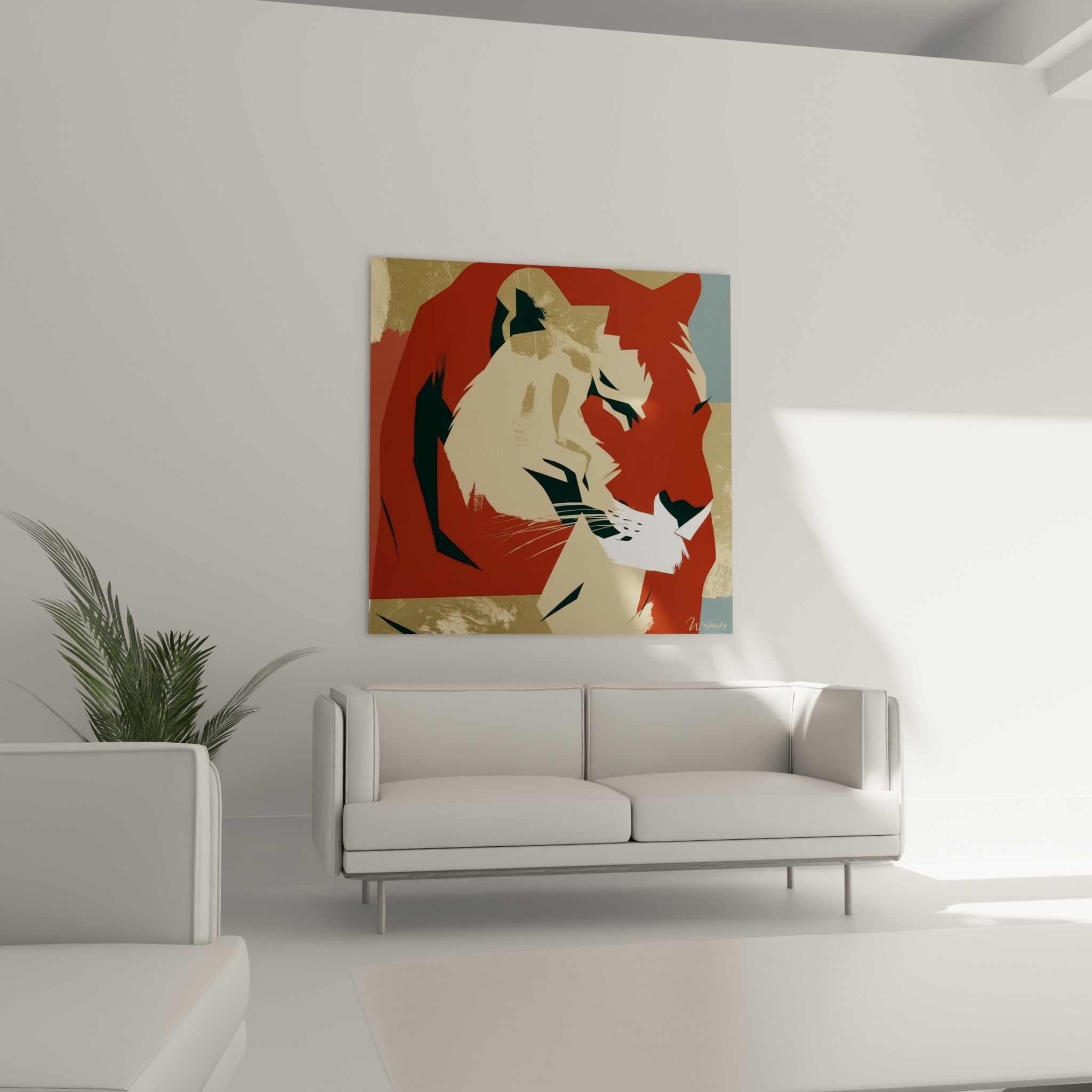 Profil de tigre terracotta et sable disposé au-dessus d'un canapé dans un salon lumineux.