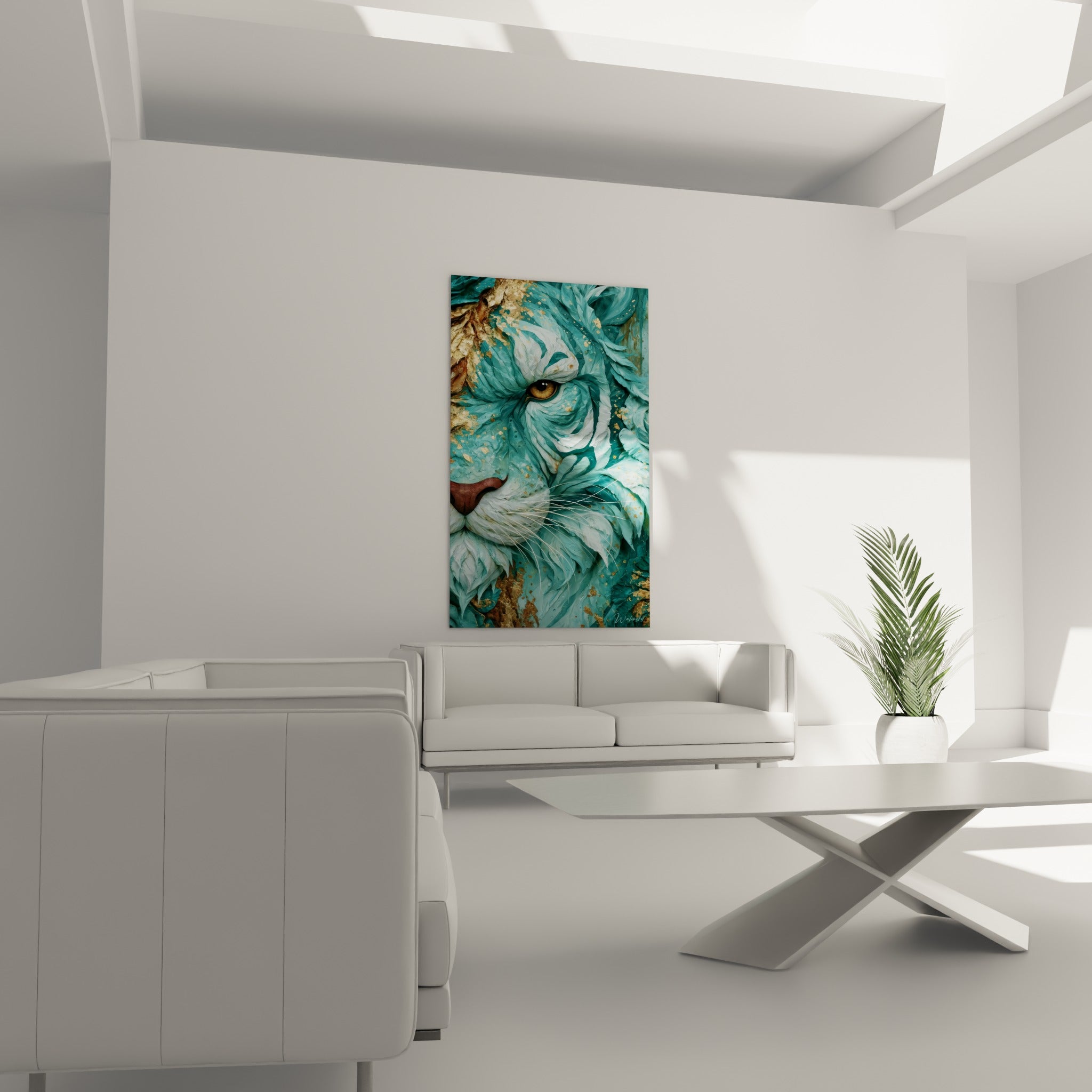 Félin turquoise à la fourrure texturée et éclats dorés, suspendu au-dessus d'un canapé dans un salon lumineux