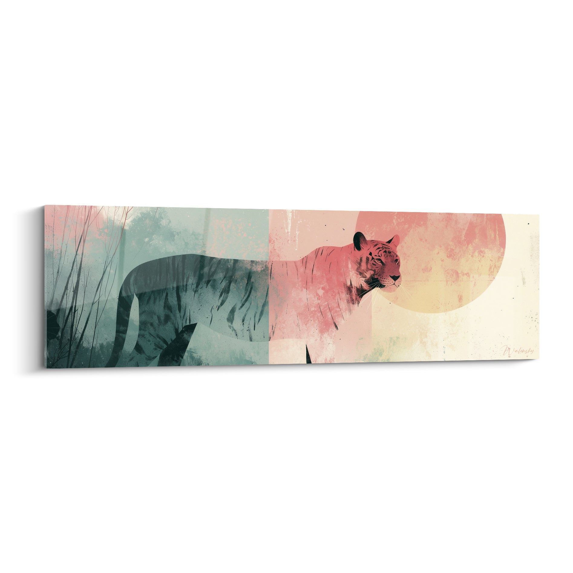 Tigre bicolore sarcelle et corail traversant un décor jungle et soleil, style graphique épuré