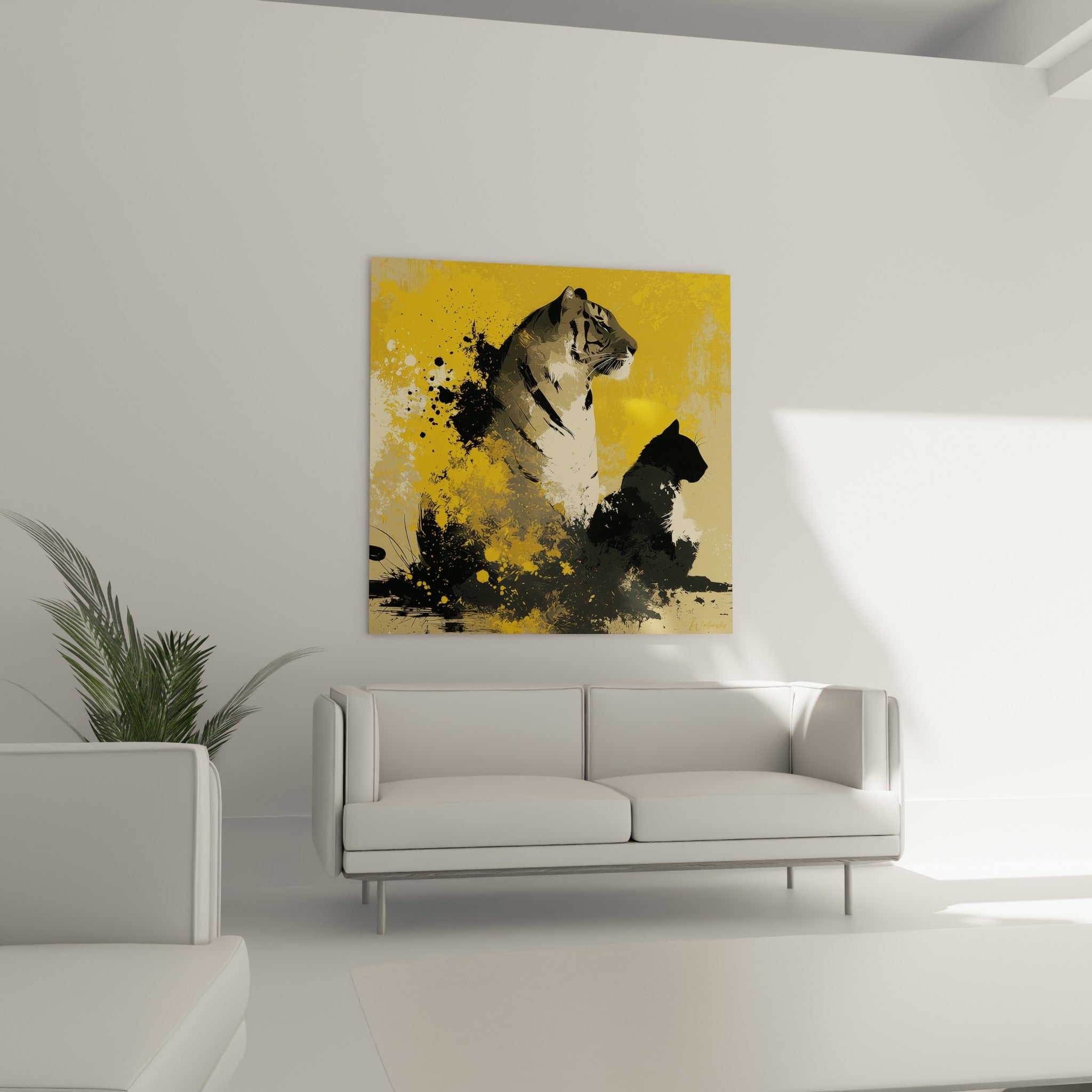 Duo de tigres stylisés en jaune et noir intense placé au-dessus d'un canapé dans un salon lumineux