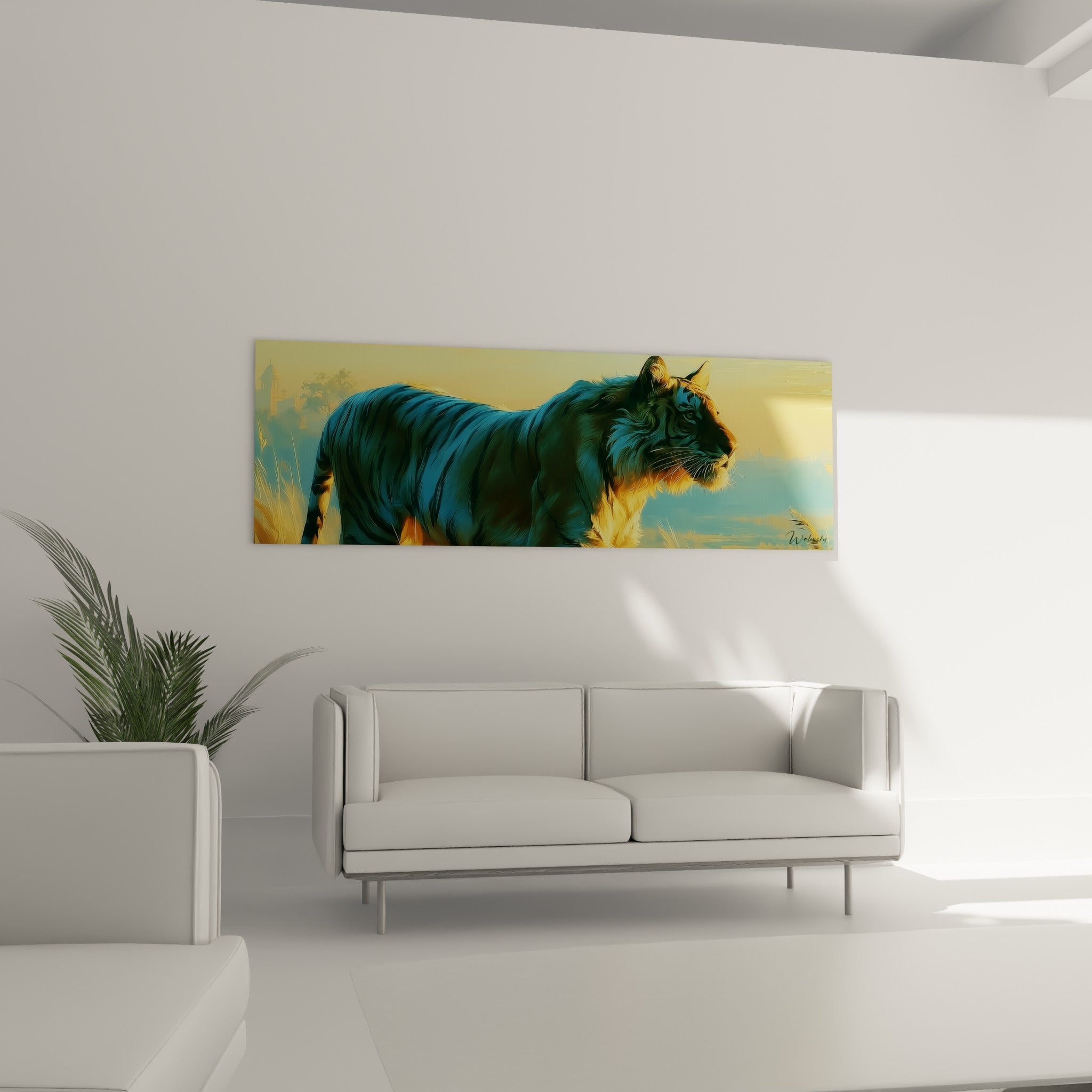 Silhouette de tigre turquoise traversant une lumière dorée, au-dessus d'un canapé dans un salon lumineux
