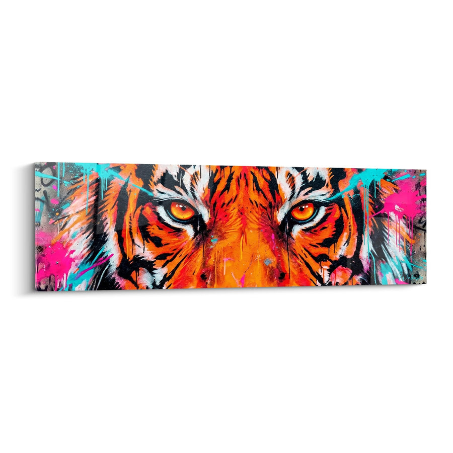 Schilderij tijgerblik oranje en explosief neonroze - Wilde intensiteit - Neon Street Art Editie
