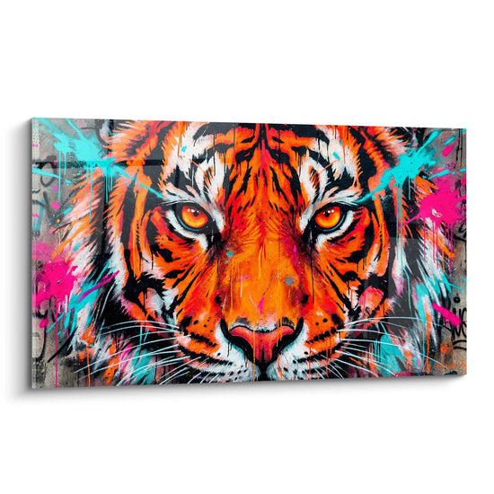 Tableau tigre aux couleurs vives orange et turquoise - Regard Flamboyant - Edition Street art néon fluo