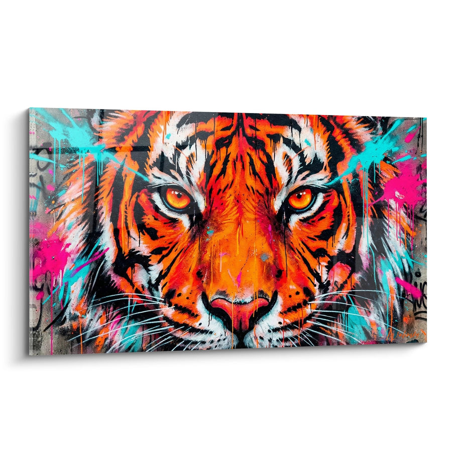 Schilderij tijger in heldere oranje en turquoise kleuren - Vurige Blik - Street art neon fluo editie