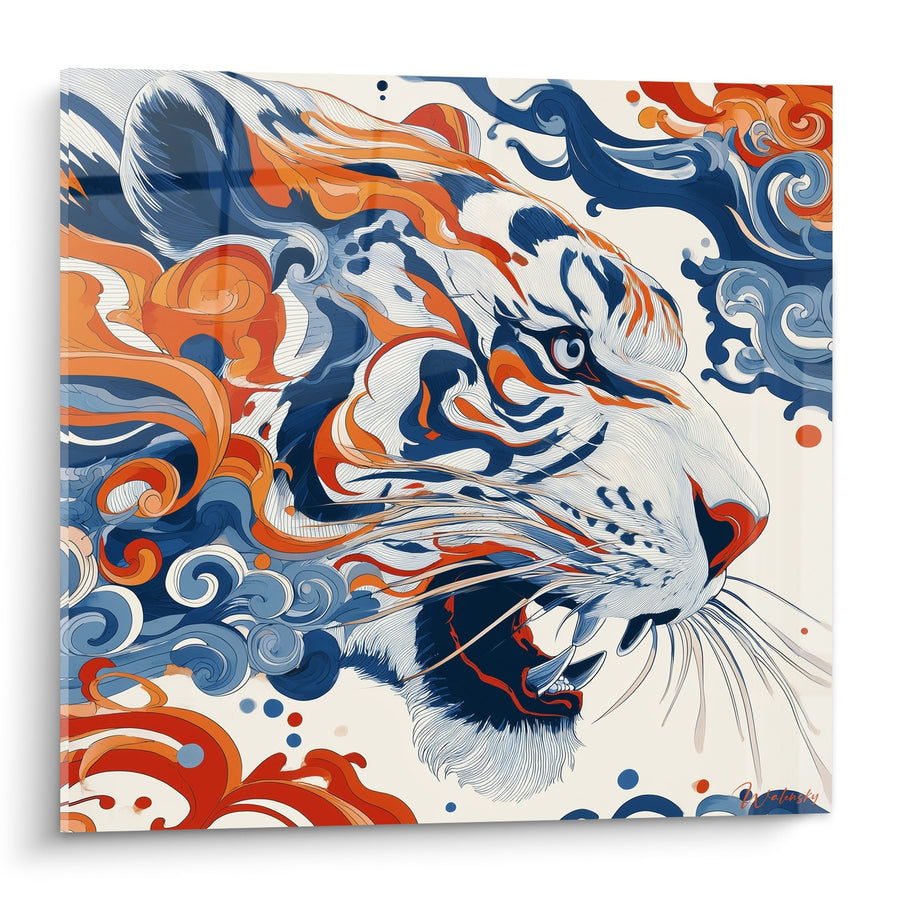 Tableau Profil de Tigre Stylisé Bleu et Orange dans un Tourbillon de Vagues - Majesté Ornementale - Edition Tigre