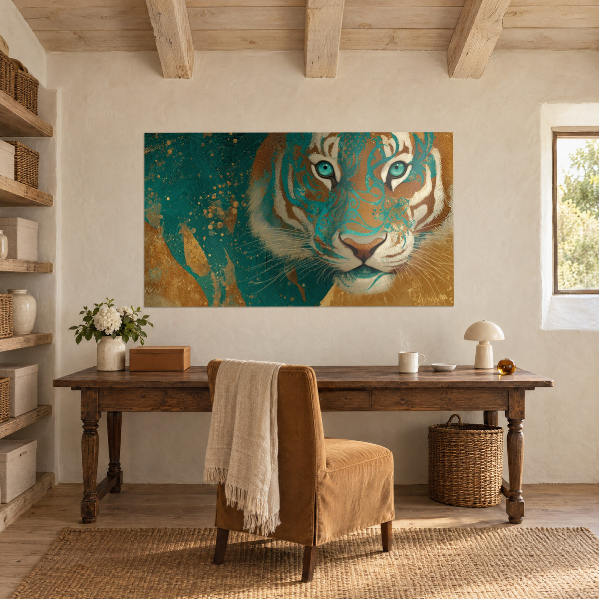 Cuadro de retrato de tigre, rayas crema y arabescos turquesa sobre fondo bronce, encima de un escritorio de madera antigua