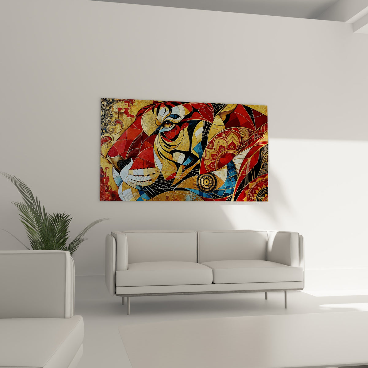 Visage de tigre stylisé aux tons terracotta et dorés, œil intense, au-dessus d'un canapé dans un salon lumineux
