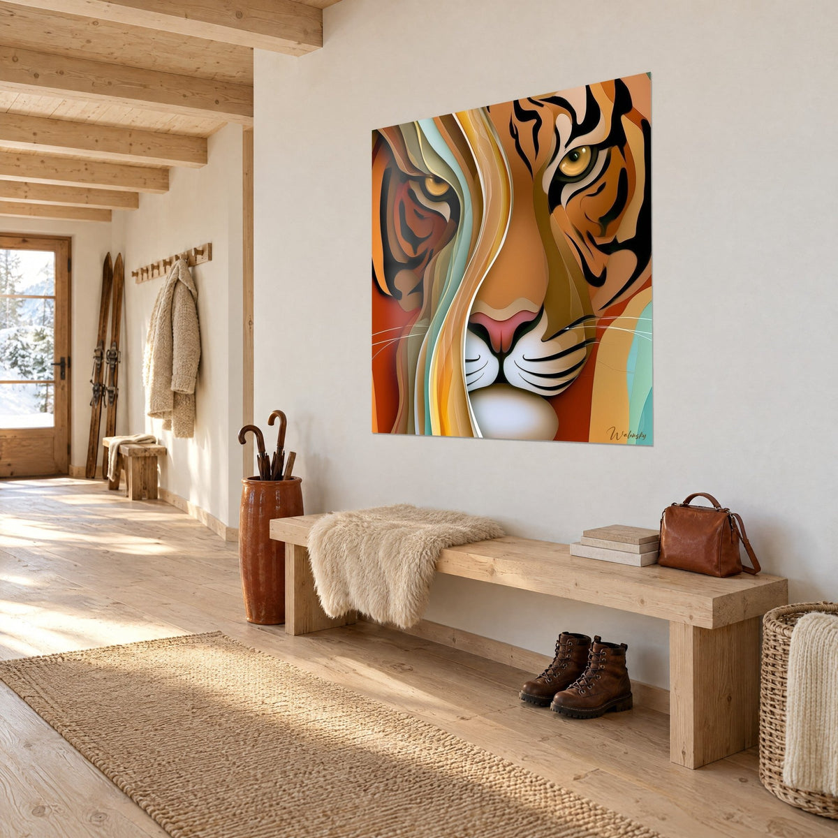 Gemälde eines Tigers mit rosa-weißer Schnauze, schwarze Streifen, Hintergrund in gebranntem Orange und Türkis, an einer Flurwand im Chalet-Stil