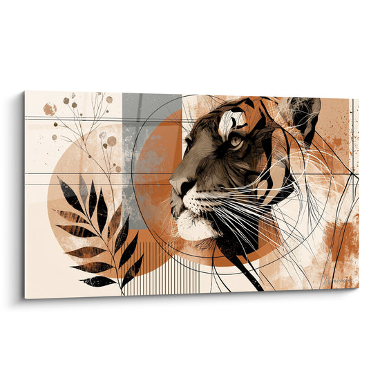 Tigre au profil finement dessiné, teintes terracotta et anthracite, entouré de motifs géométriques abstraits