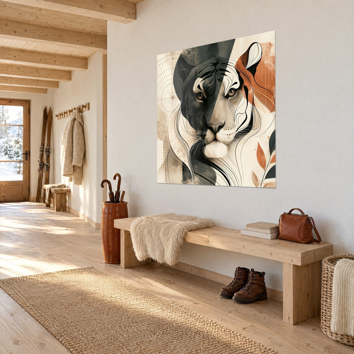 Tableau portrait de tigre scindé en noir charbon et ivoire, touches terracotta, vu de biais dans une entrée en bois