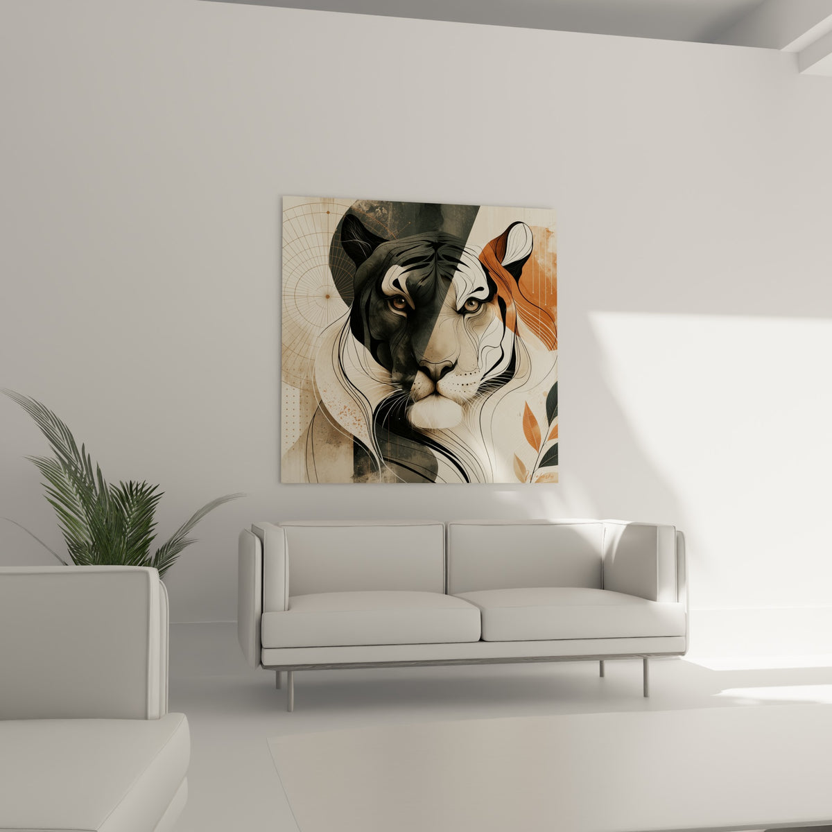 Regard doré du tigre entre anthracite et terracotta, disposé au-dessus d'un canapé dans un salon lumineux